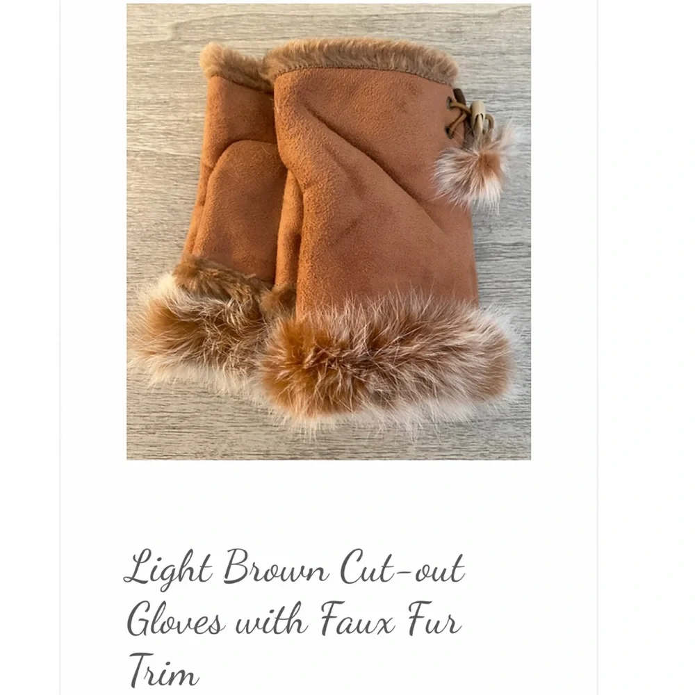 NWT Light Brown Cut-out Gloves Faux Fur Lining & Trim, adjustable side lacing.